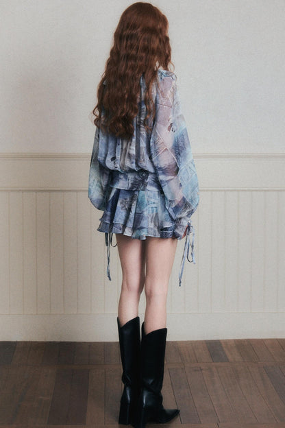 Rhythmic Ruffles Denim Drawstring Shirt Dress