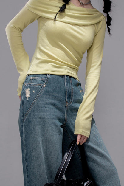 Blue Washed Wide-Leg Jeans