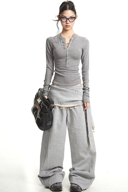 Vintage Grey V-Neck Long Sleeve T-Shirt