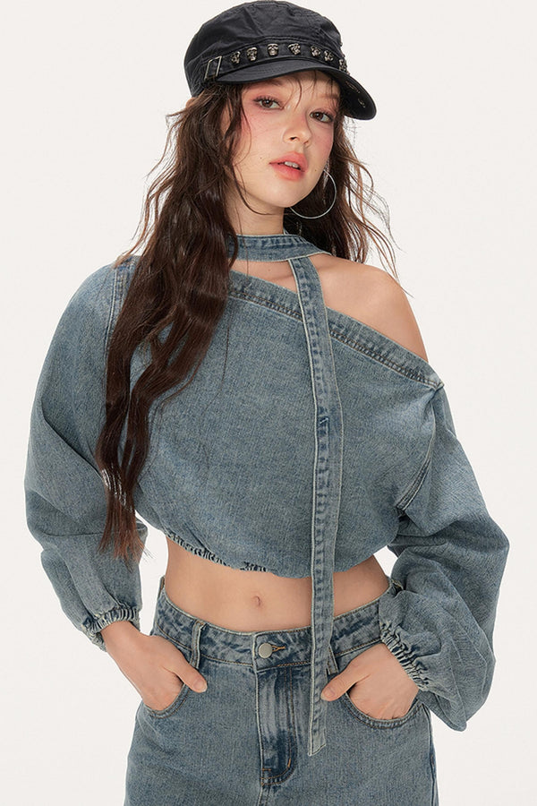 Asymmetrical Puff Sleeve Denim Pants Set