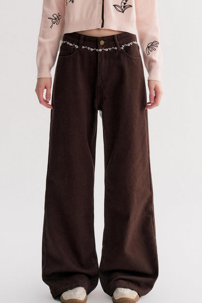 Rich Chocolate Floral Embroidery Wide-Leg Jeans