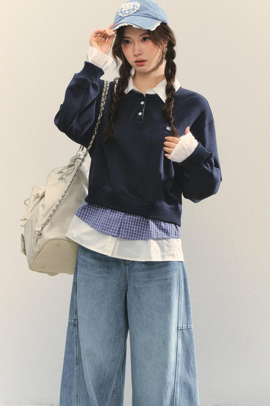 Loose Polo Collar Sweatshirt Top