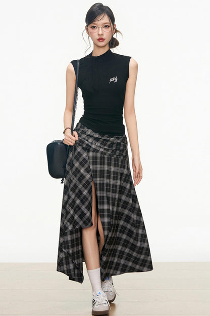 Charm Checkered Skirt & Bow-Knit Set-Up