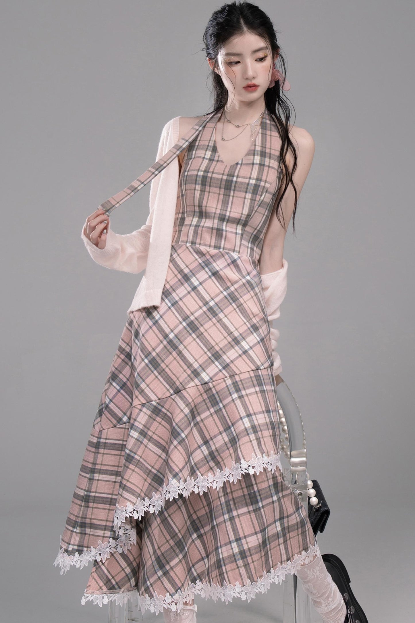 Grey Cherry Plaid Dress