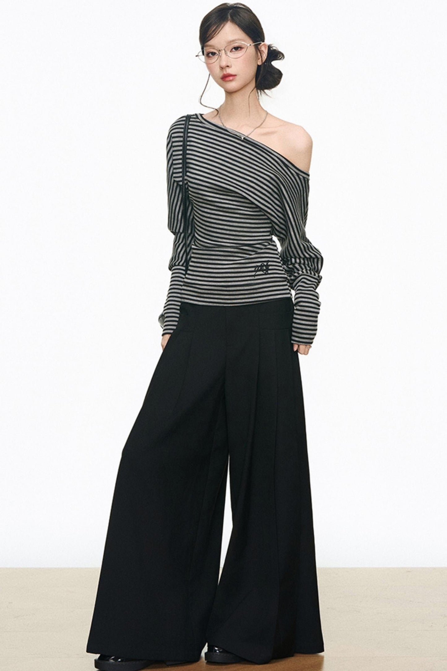 Slanted Shoulder Long Sleeves & Casual Wide-Leg Pants Set-Up