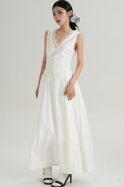 V-Neck Slim Pleated Lace Dress