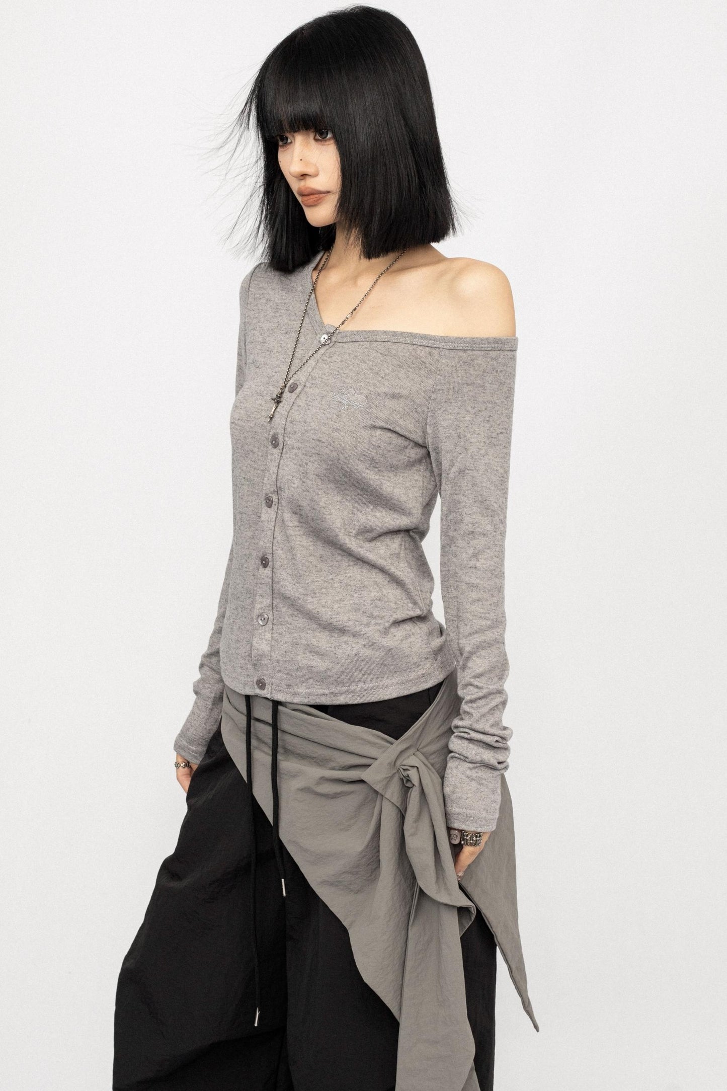 Slanted shoulder Long Sleeve Knitted Top