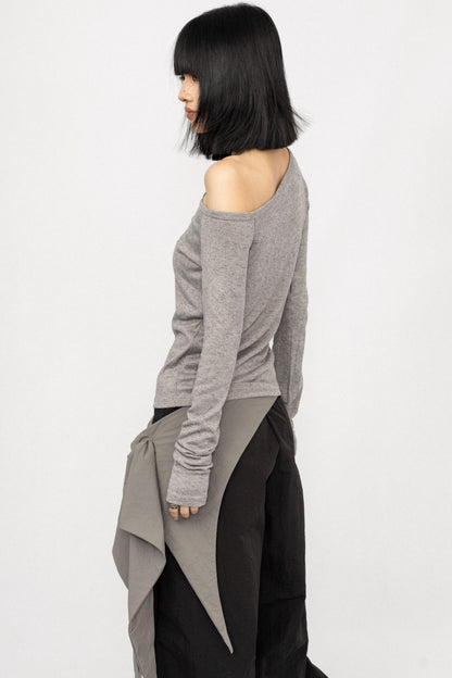 Slanted shoulder Long Sleeve Knitted Top