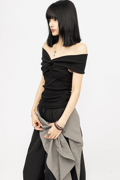 American Black Boat Neck Slim Top