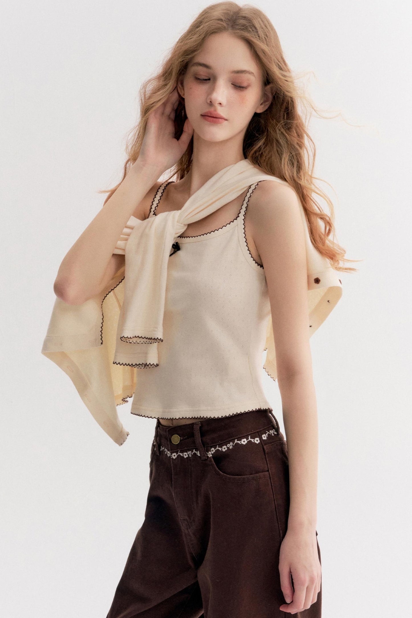 Rich Chocolate Floral Embroidery Wide-Leg Jeans