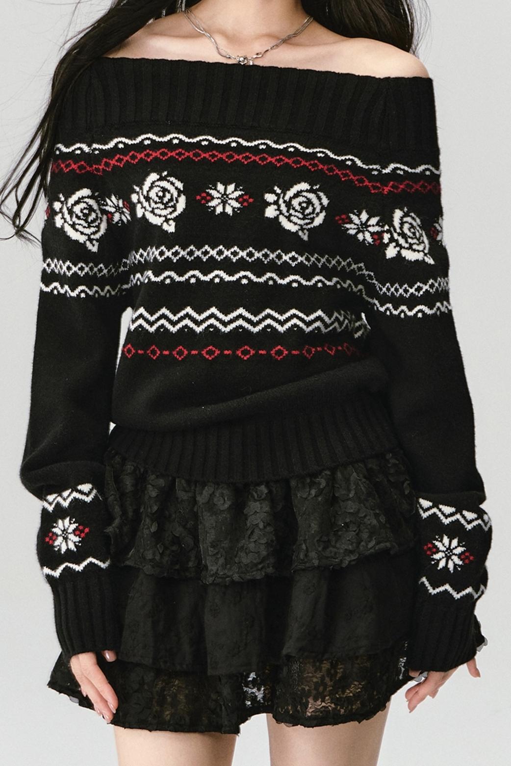 Fair Rose Jacquard One-Shoulder Sweater