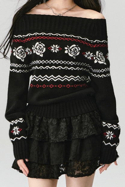 Fair Rose Jacquard One-Shoulder Sweater