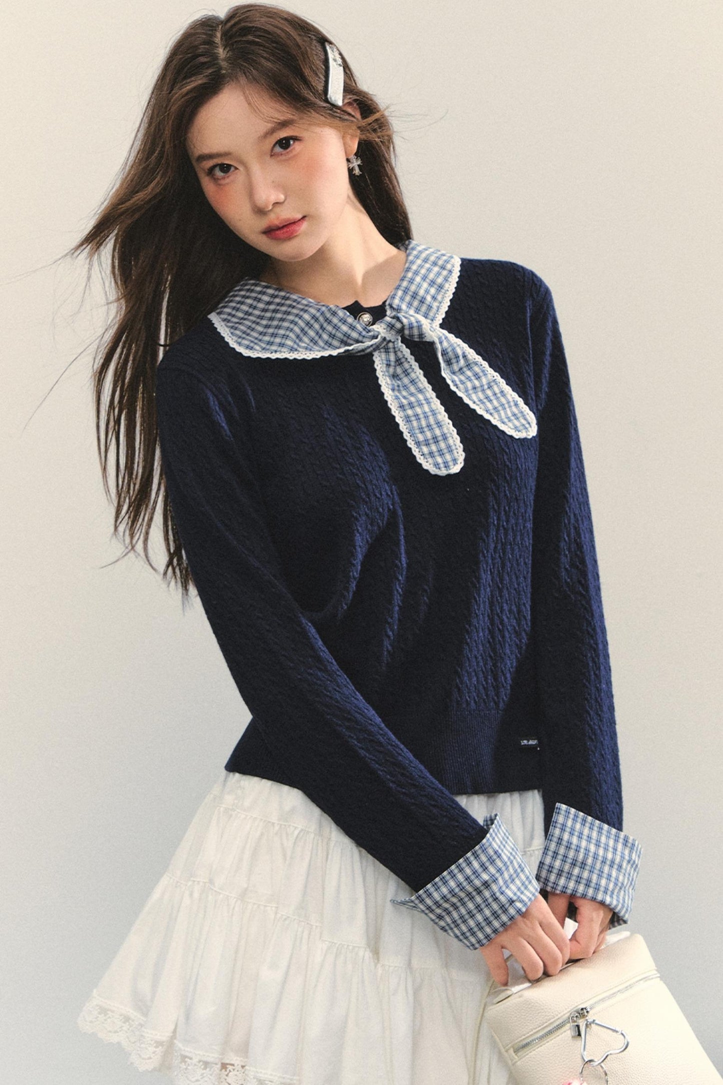 Contrast Plaid Panel Knit Sweater