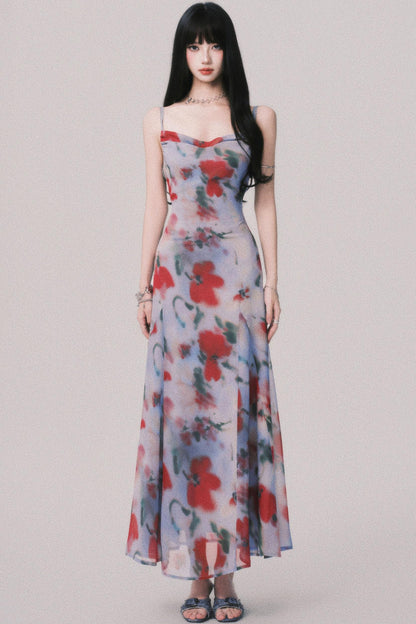 Blurred Print Strap Resort Dress