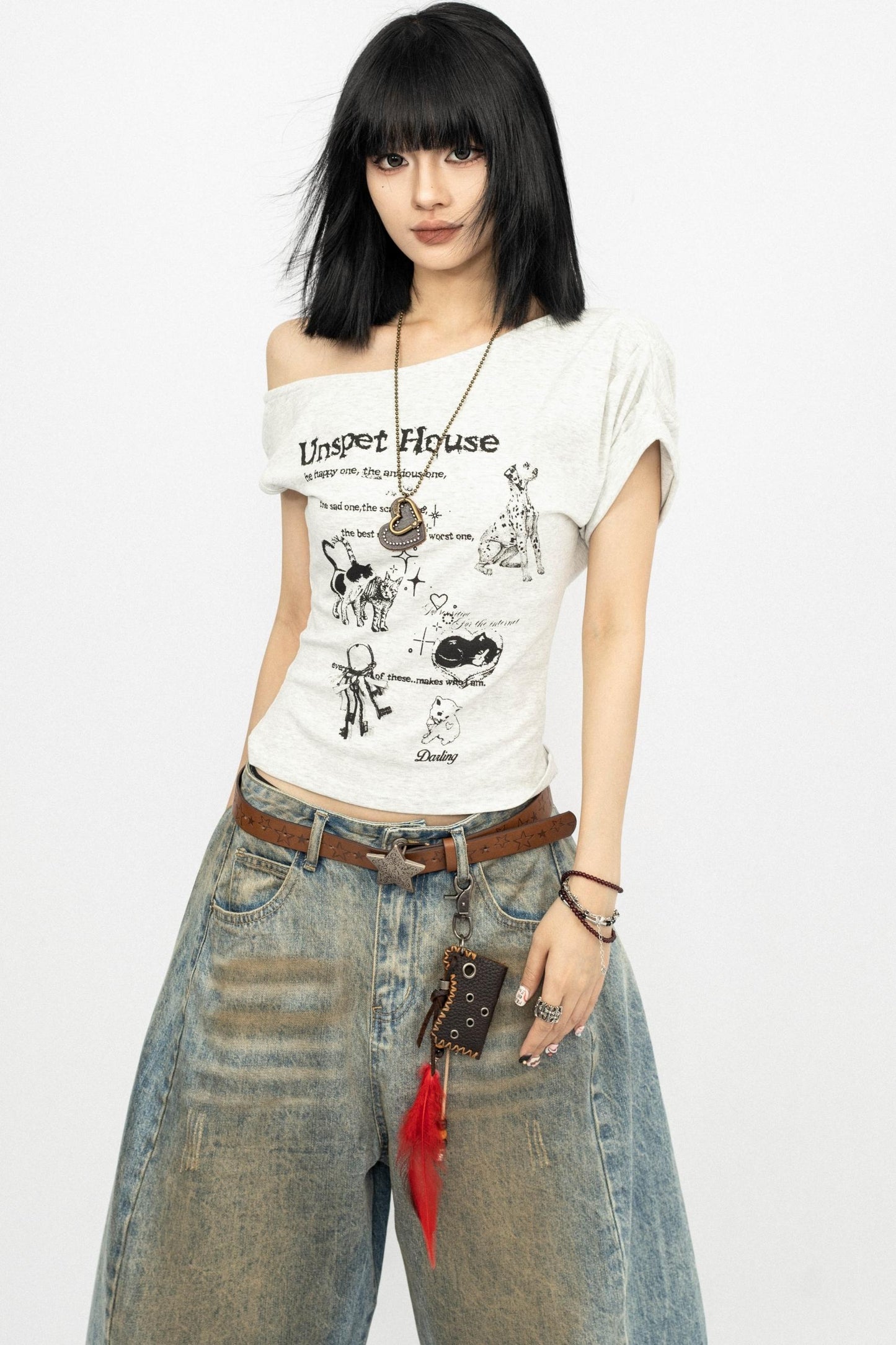 Retro Slanted Shoulders Short Sleeve Top