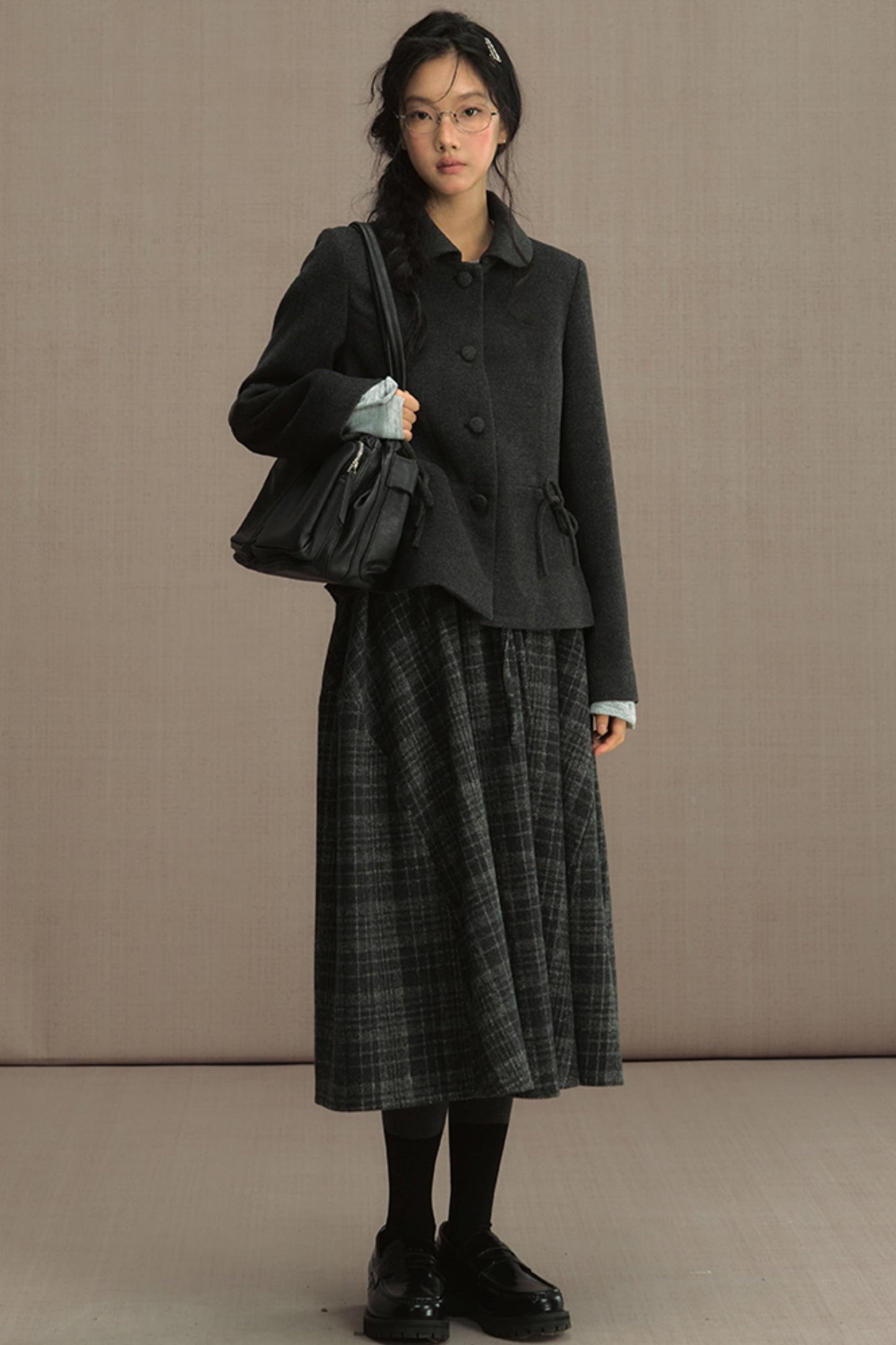 High-Waisted Plaid Woolen A-Line Skirt