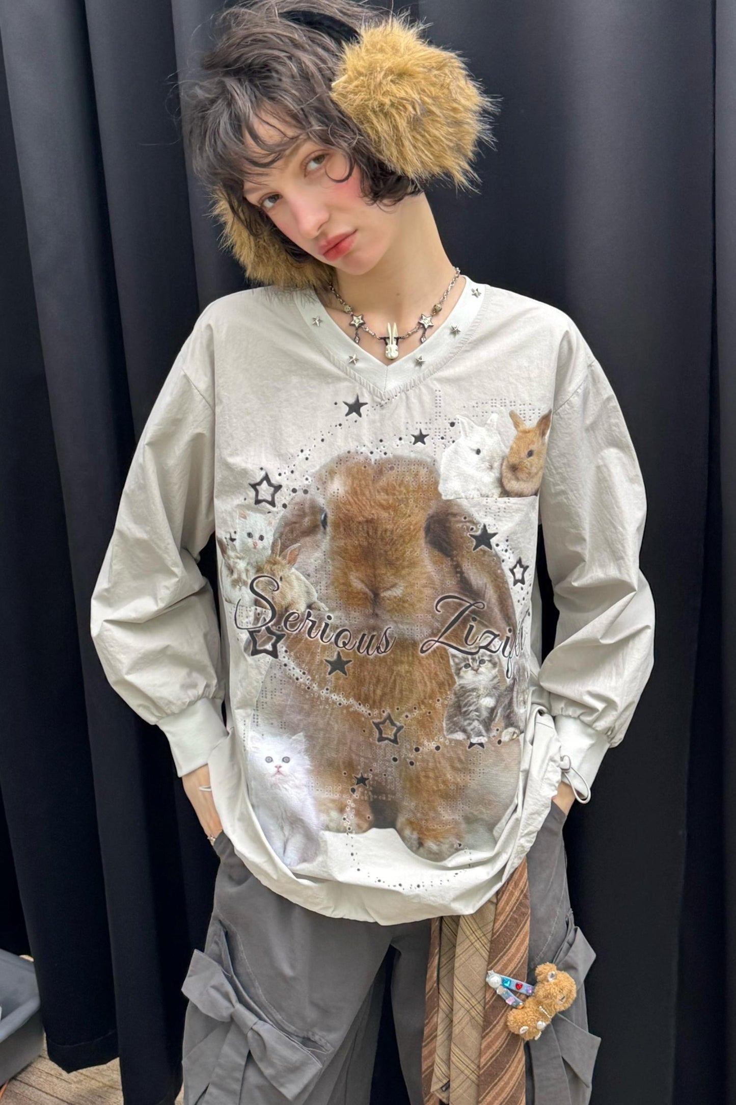 Rabbit Print V-Neck Top