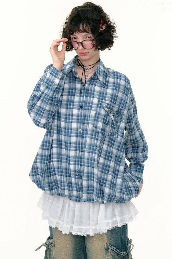 Blue White Plaid Pocket Shirt