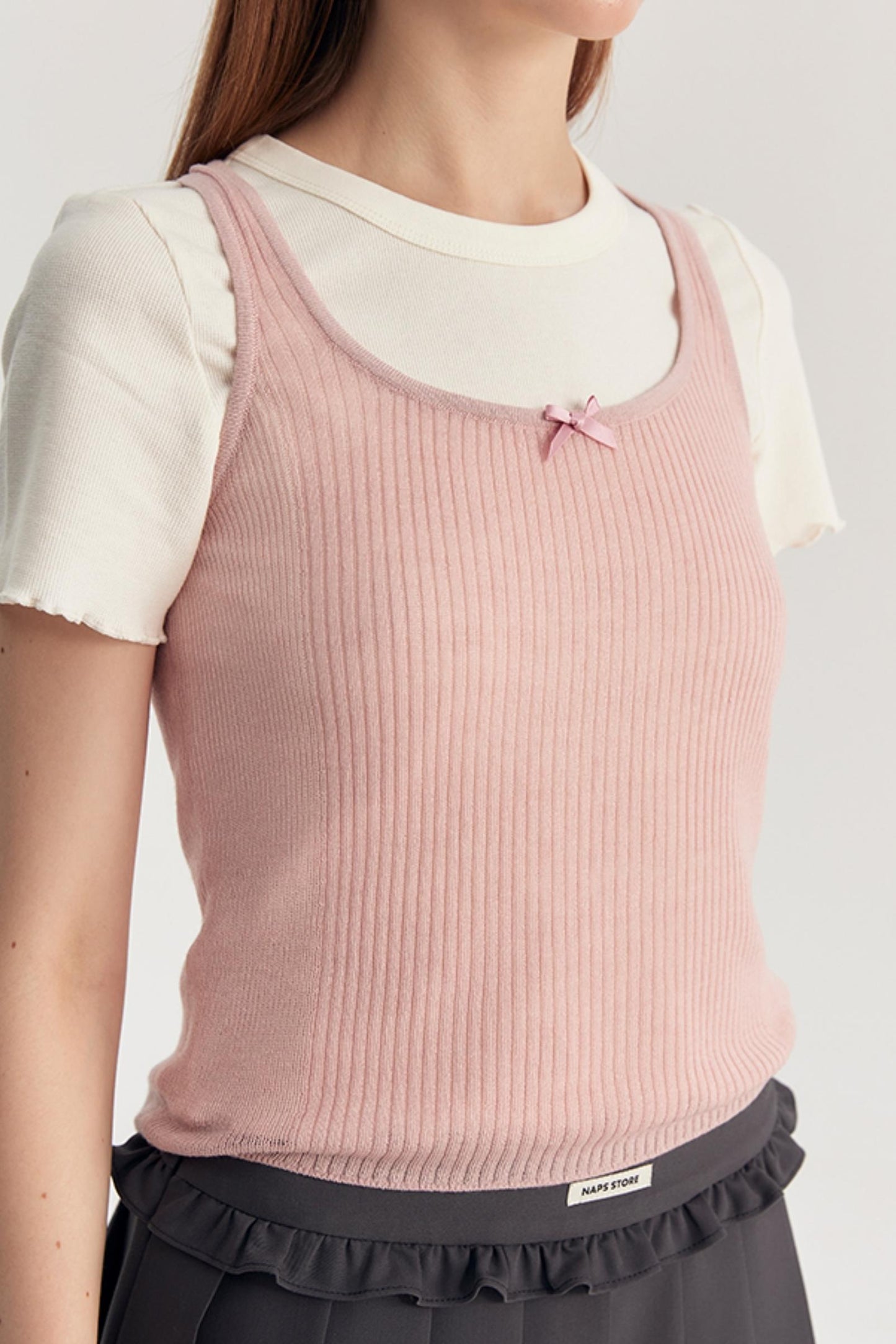 Bow Knit Vest With T-Shirt Set-Up