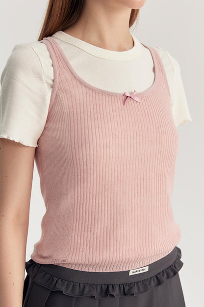 Bow Knit Vest With T-Shirt Set-Up
