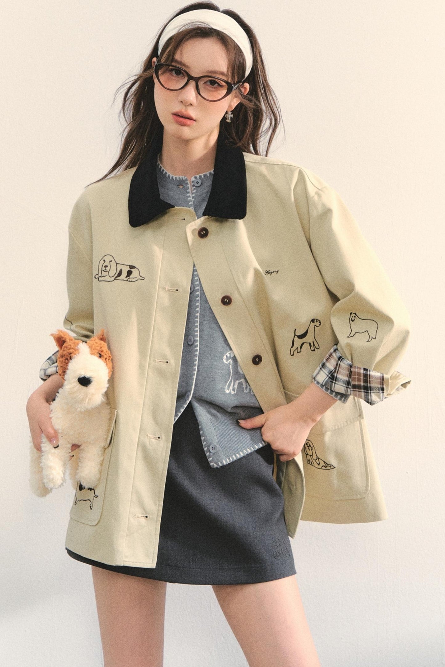 Vintage Puppy Embroidered Trench Coat