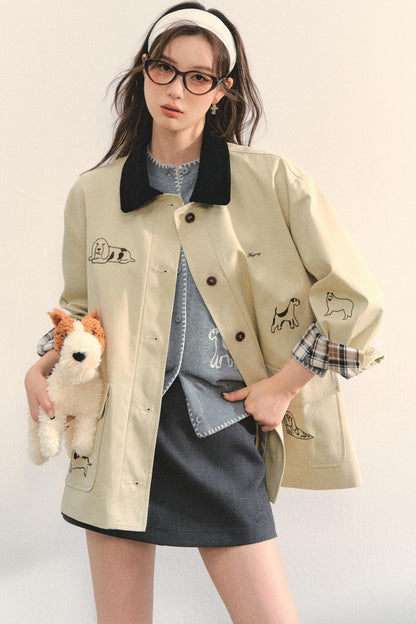Vintage Puppy Embroidered Trench Coat