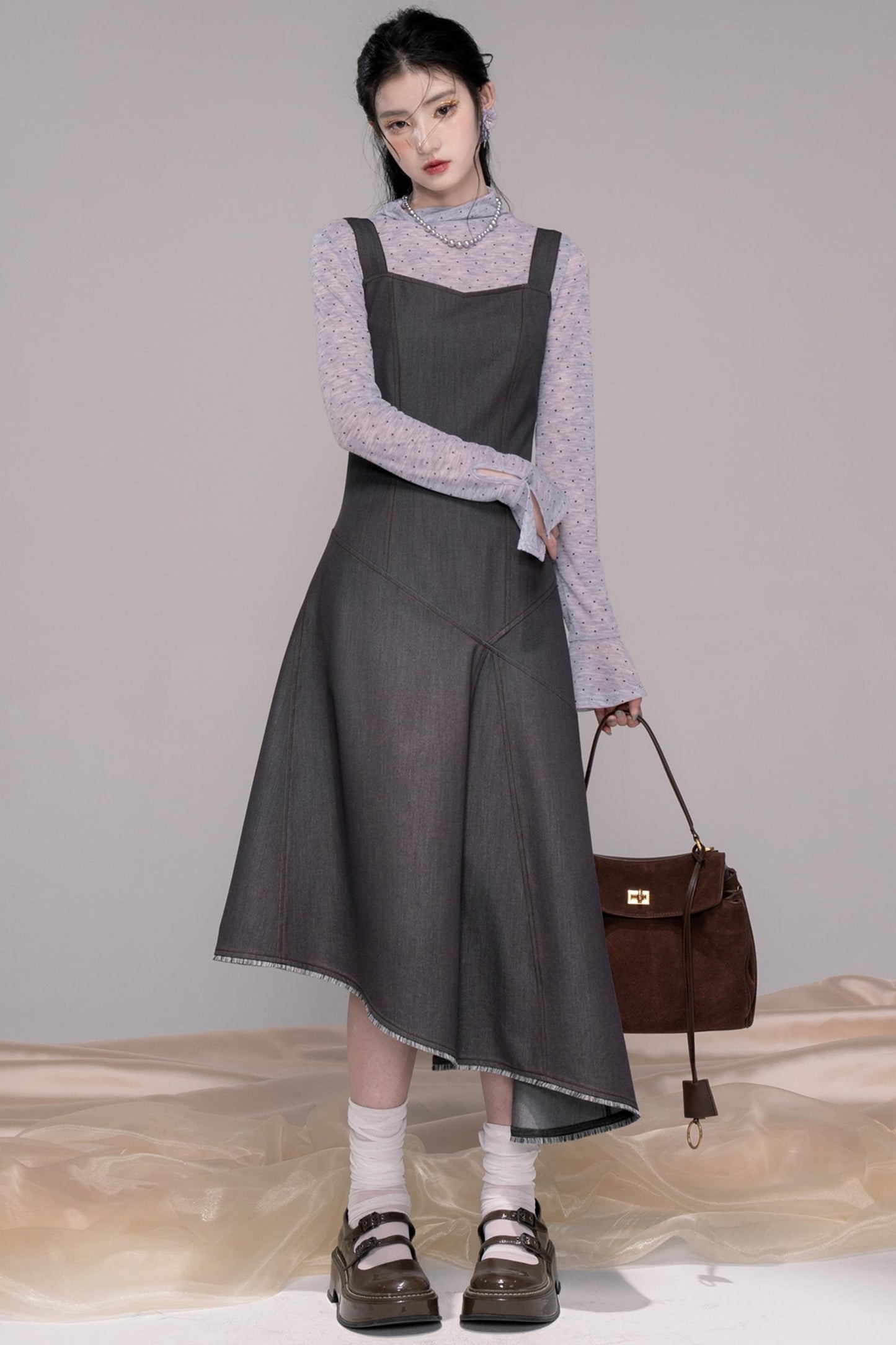 Twilight Gray Polka Dot Bib Dress Set