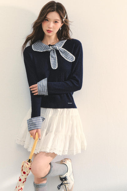 Contrast Plaid Panel Knit Sweater