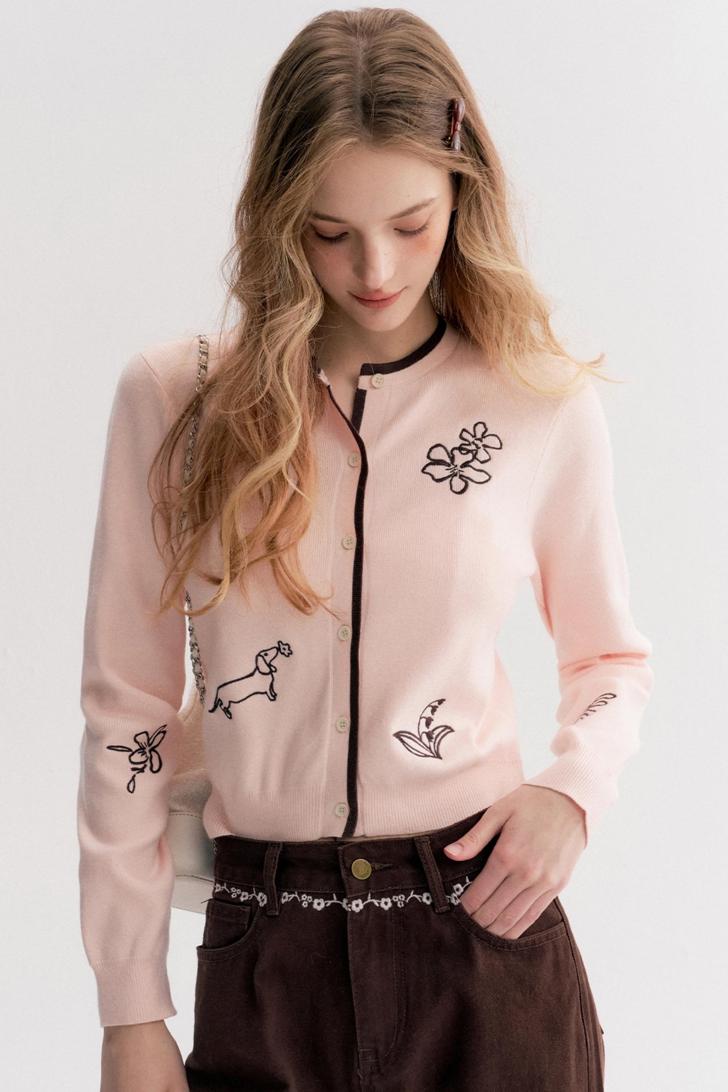 Rich Chocolate Floral Embroidery Wide-Leg Jeans