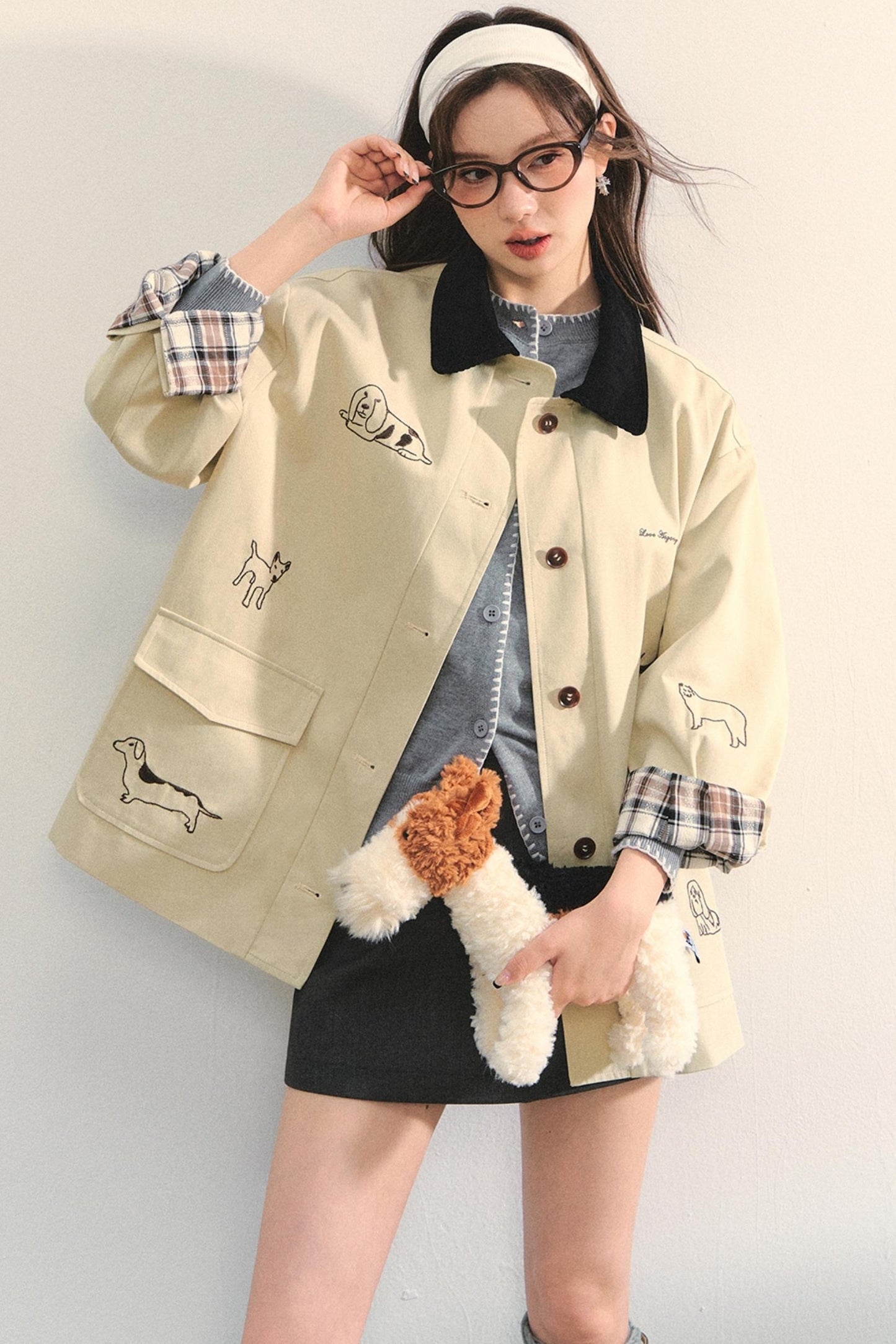 Vintage Puppy Embroidered Trench Coat