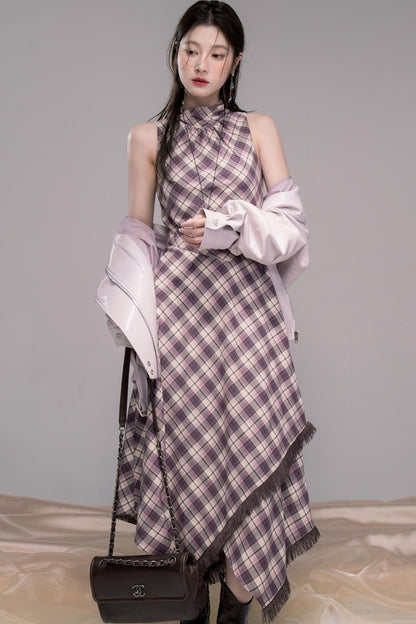 Dark Night Purple Plaid Fringe Dress