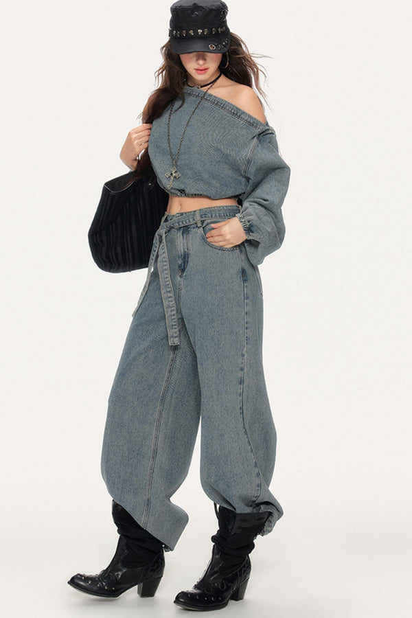 Asymmetrical Puff Sleeve Denim Pants Set