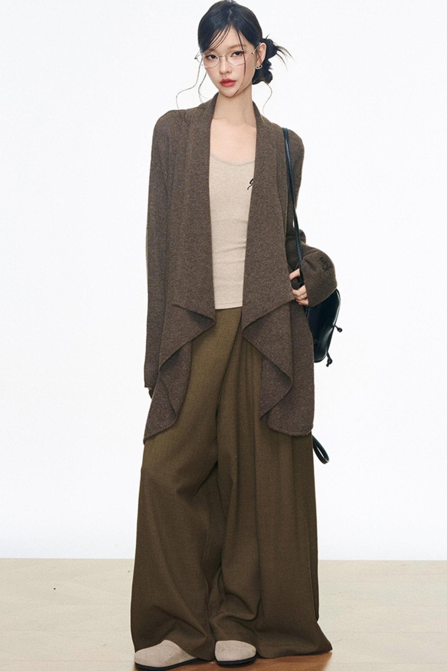 Mid-Length Sweater Cardigan Base Layer Wide-Leg Pants Set-Up