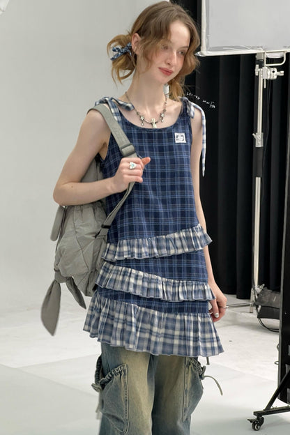 Blue Plaid Halter Dress