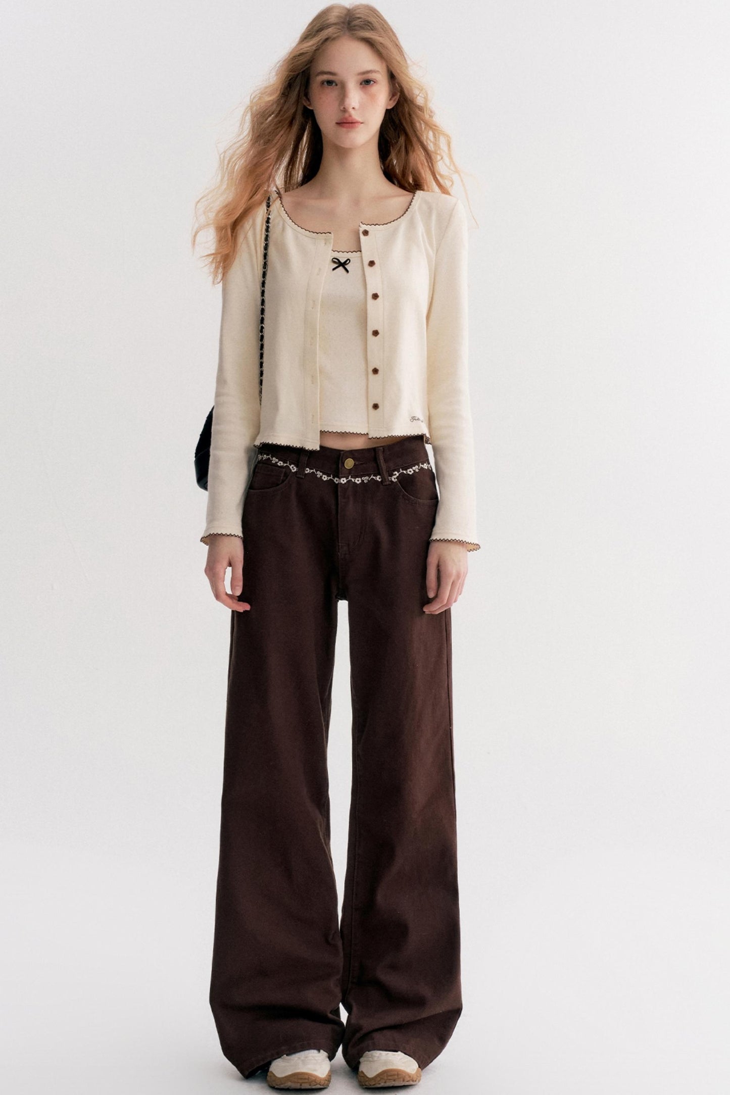 Rich Chocolate Floral Embroidery Wide-Leg Jeans