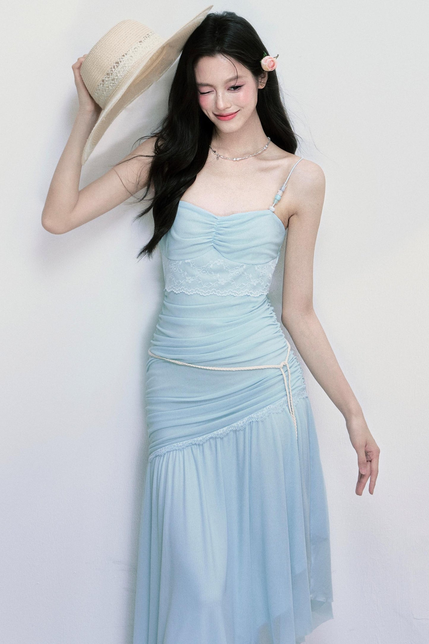 Sea Foam Blue Beaded Slip Dress