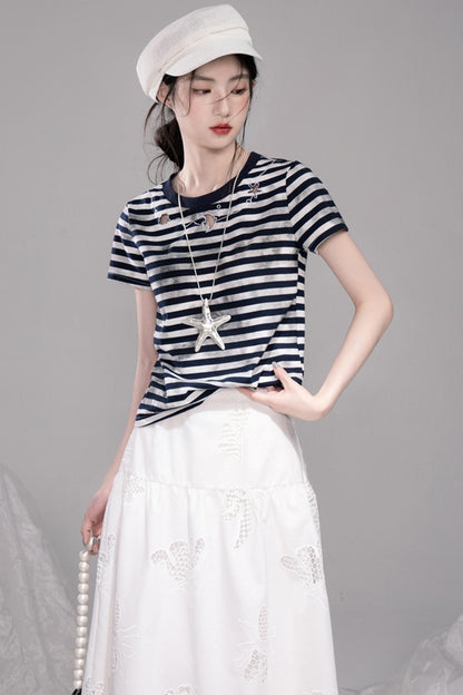Navy Embroidered Striped T-shirt