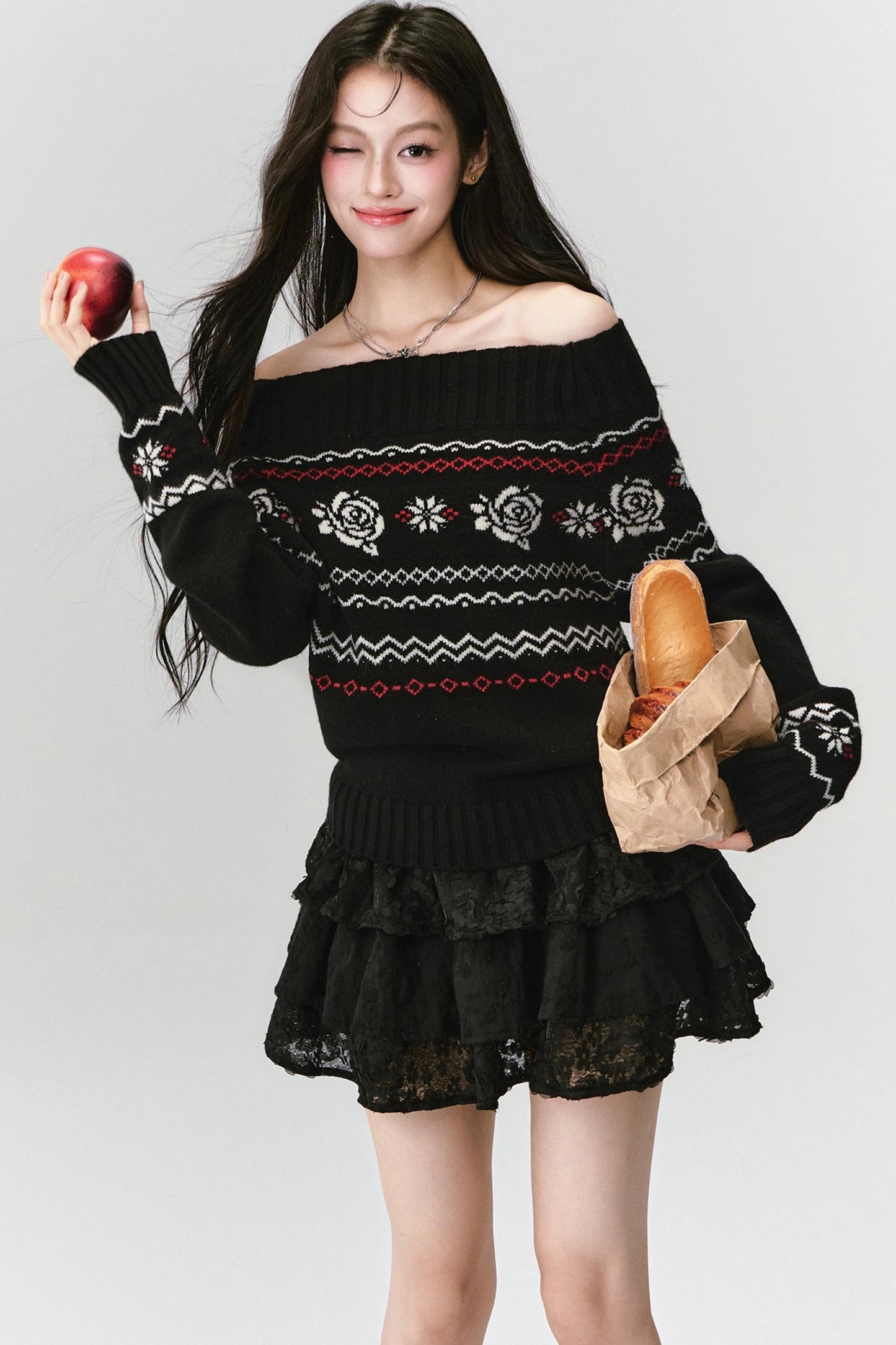 Fair Rose Jacquard One-Shoulder Sweater