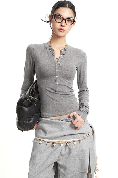 Vintage Grey V-Neck Long Sleeve T-Shirt