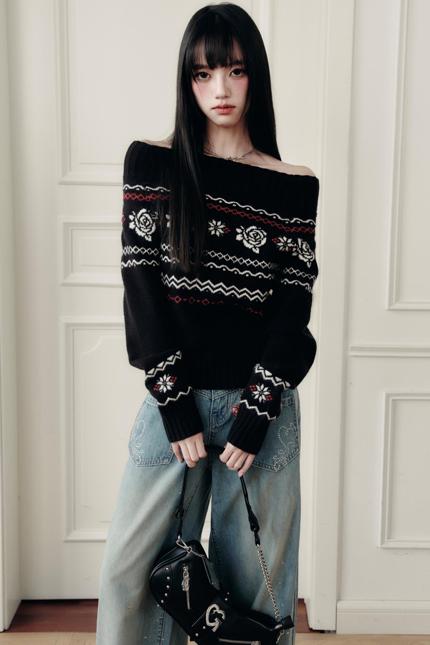 Fair Rose Jacquard One-Shoulder Sweater