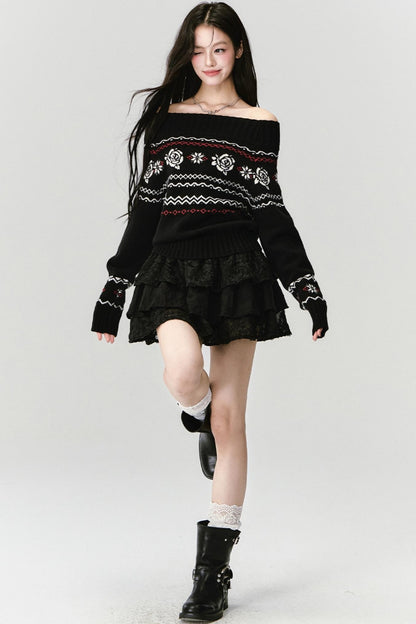 Fair Rose Jacquard One-Shoulder Sweater