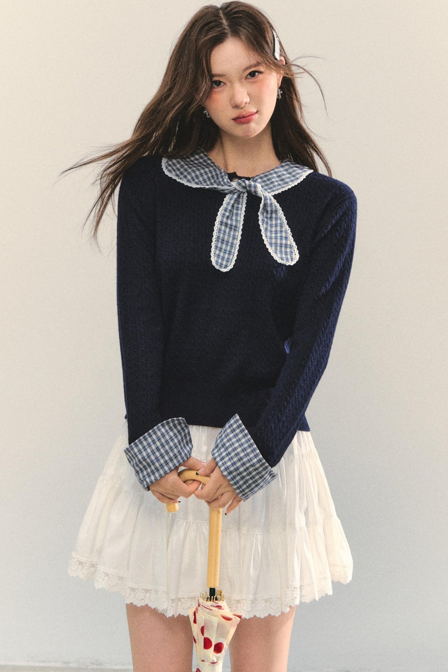 Contrast Plaid Panel Knit Sweater