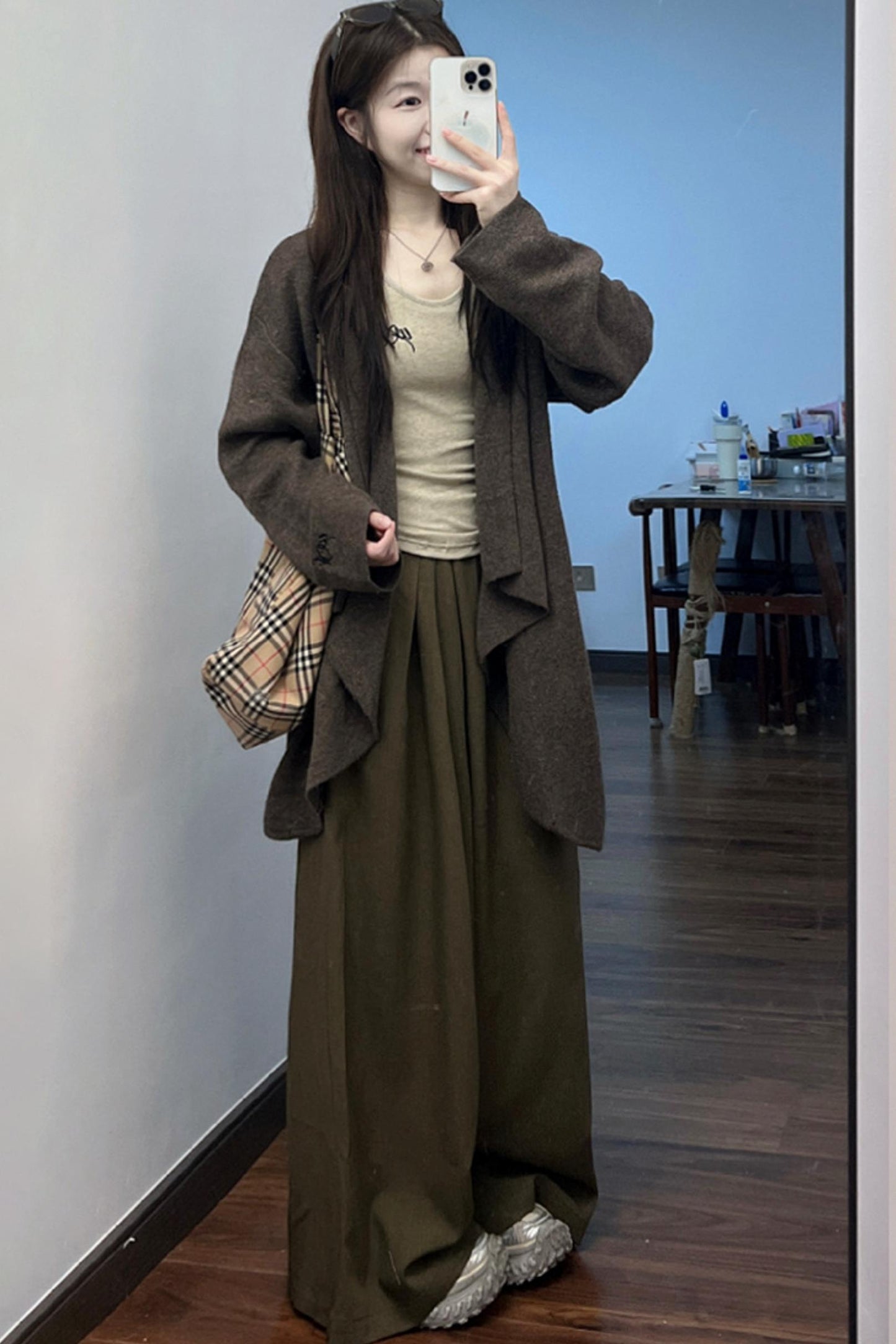 Mid-Length Sweater Cardigan Base Layer Wide-Leg Pants Set-Up