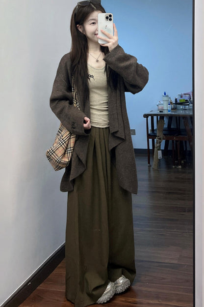 Mid-Length Sweater Cardigan Base Layer Wide-Leg Pants Set-Up