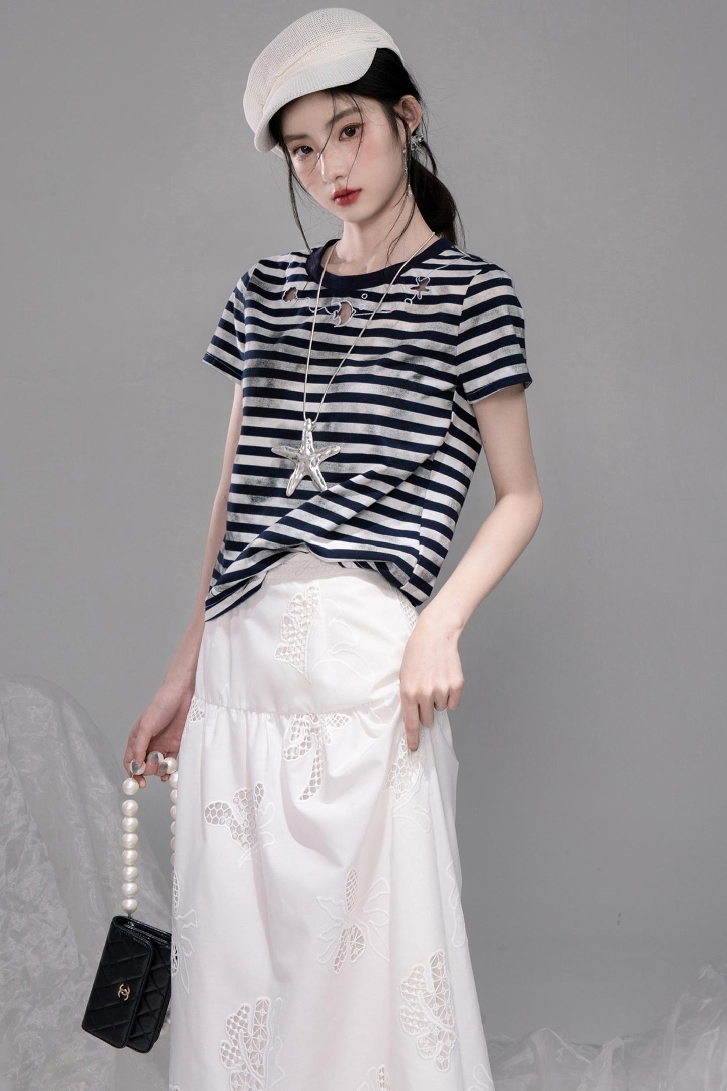 Navy Embroidered Striped T-shirt