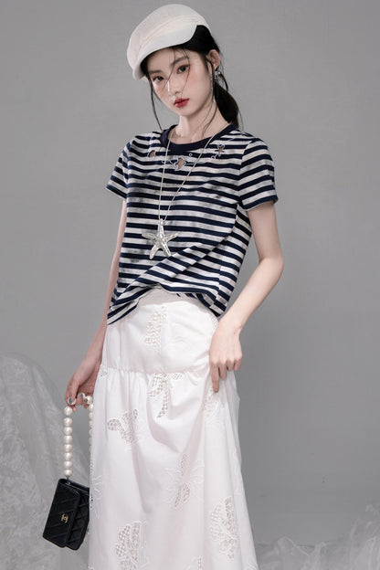 Navy Embroidered Striped T-shirt