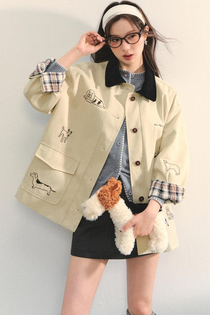 Vintage Puppy Embroidered Trench Coat