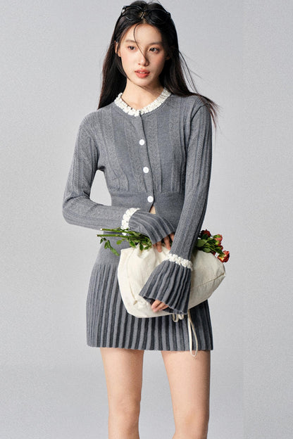 Gray French Knit Cardigan Set-Up