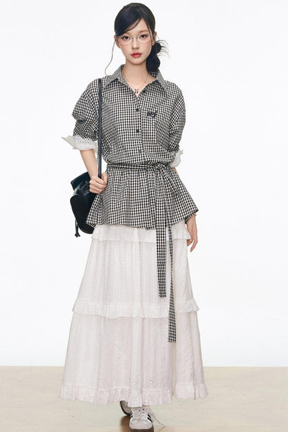 Black Plaid Lace Shirt White Long Skirt Set-Up