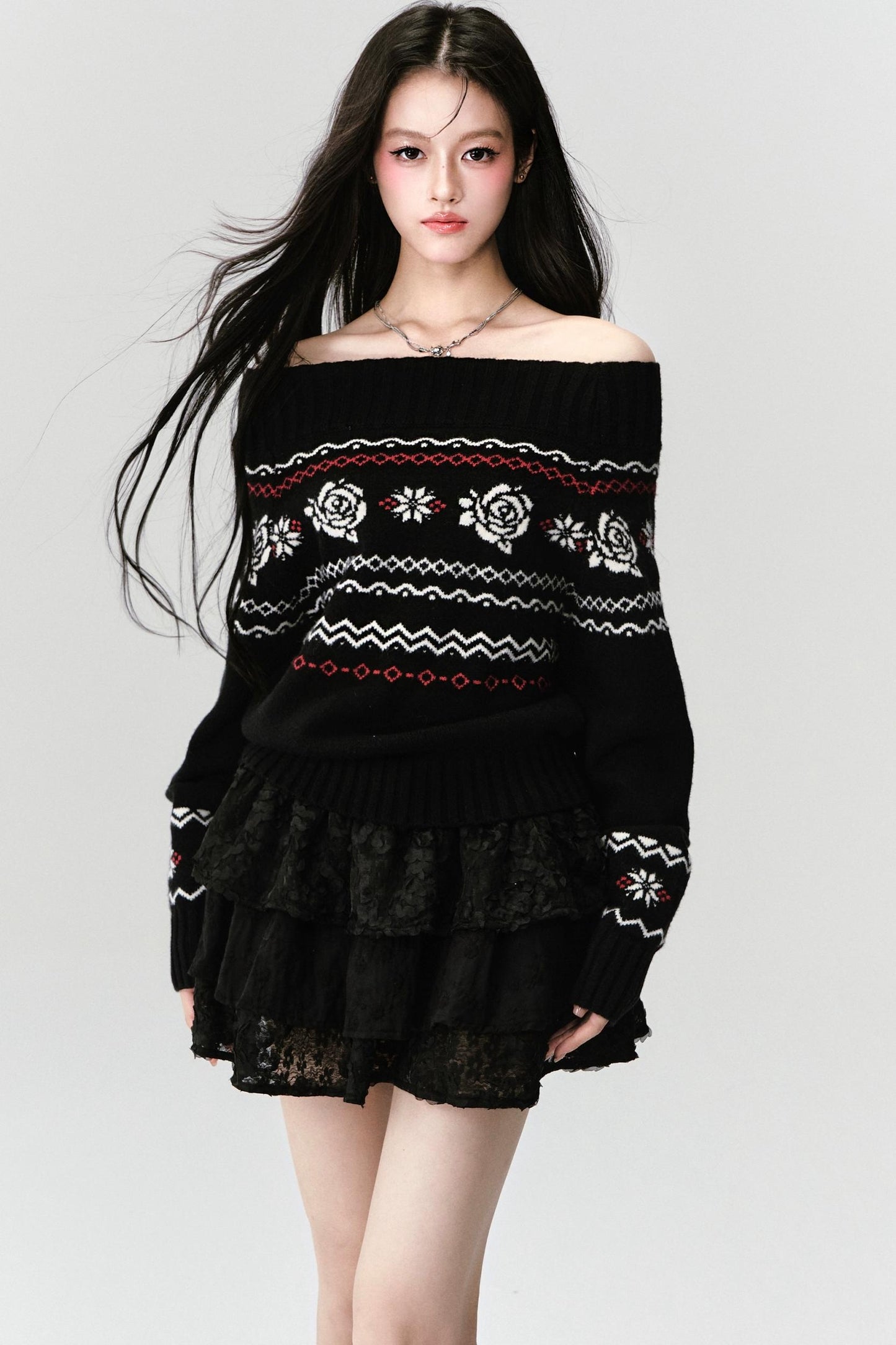 Fair Rose Jacquard One-Shoulder Sweater